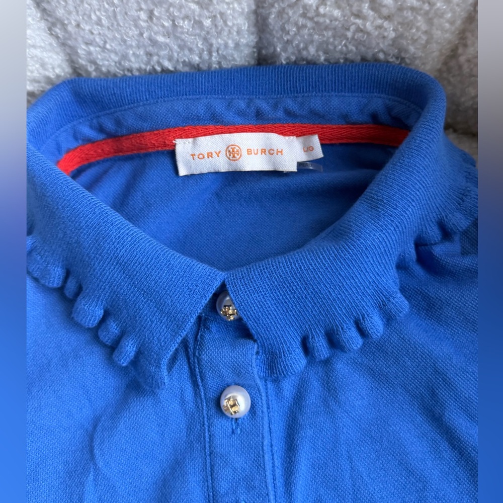 Tory Burch Blue Ruffle Collar Polo with Logo Buttons - Picture 4 of 9